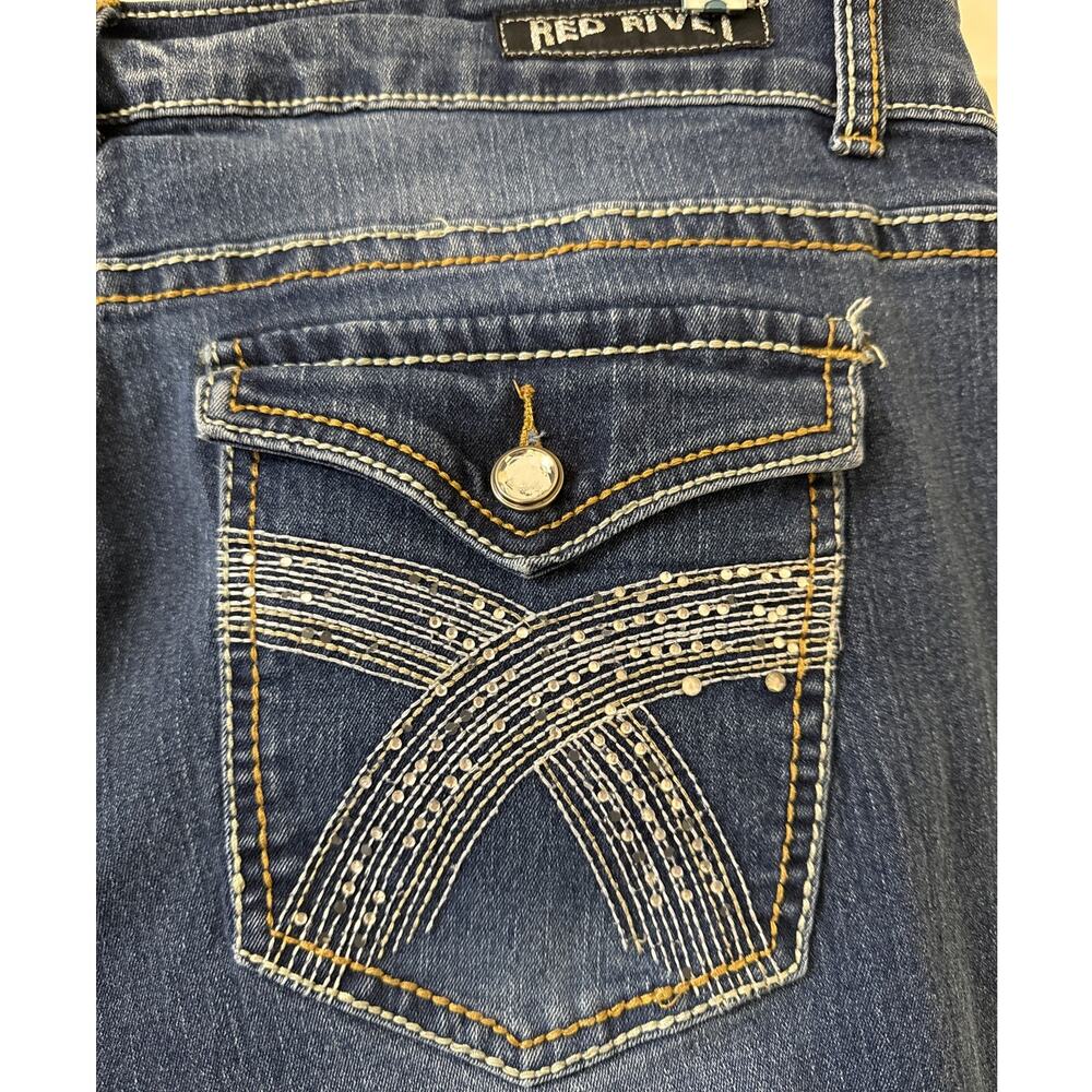 Red Rivet Straight Leg Jeans 18 W Rhinestone Button Envelope Pockets - Picture 4 of 6